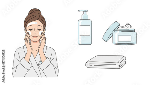 A young woman gently applies a moisturizing cream to her face with closed eyes, surrounded by various skincare products for a complete beauty regimen.