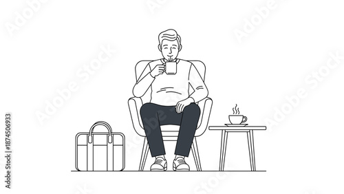 A relaxed man sits comfortably in an armchair, enjoying a warm cup of coffee or tea, with a brief case and small table nearby.