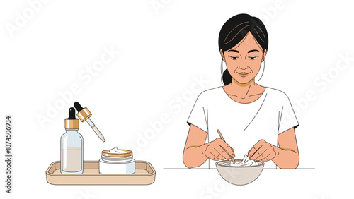 A young woman carefully mixes ingredients in a bowl for a DIY beauty product or homemade mask, showcasing her natural skincare approach.
