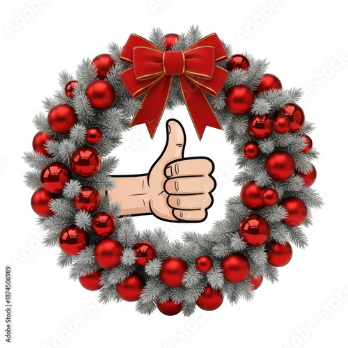Hand giving thumbs up through holiday wreath isolated on transparent background
