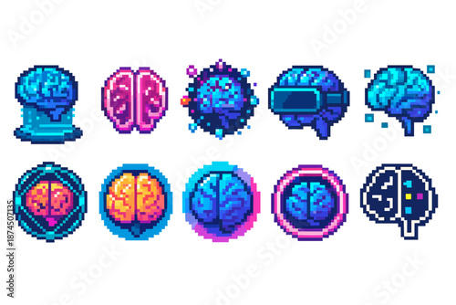 Neural technology pixel icon set. Brain, neural tech pixel graphics collection.