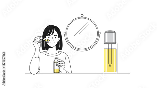 A woman carefully applies face oil to her skin with a dropper, looking into a mirror, next to a tall oil bottle.