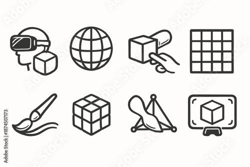 Virtual reality and 3d modeling icon set. Outline style technology vector collection