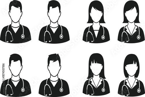 Medical professional icons, male and female doctors, healthcare team illustration, stethoscope, hospital st
