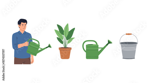 A caring man is attentively watering a vibrant potted plant with a green watering can, demonstrating plant care and gardening.