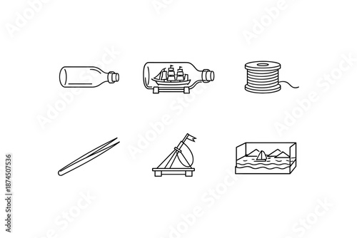 Minimalist icons of nautical crafts and tools for shipbuilding enthusiasts