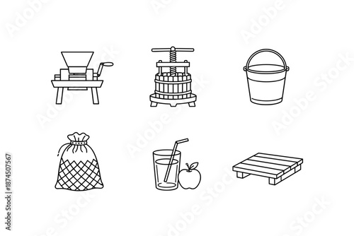 Outline icons of cider making process with apple juice and tools