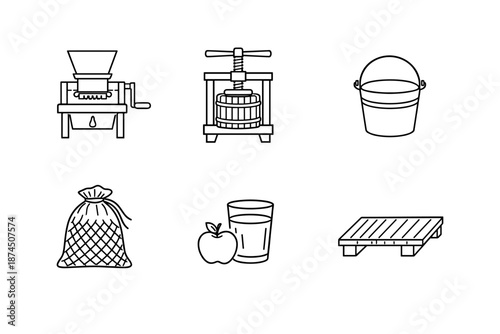 Line art icons of traditional apple cider making equipment and products