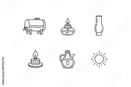 Vintage oil lamps and containers in minimalist outline style for energy concepts