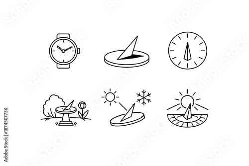 Minimalist sundial and clock icons: timekeeping symbols and nature elements