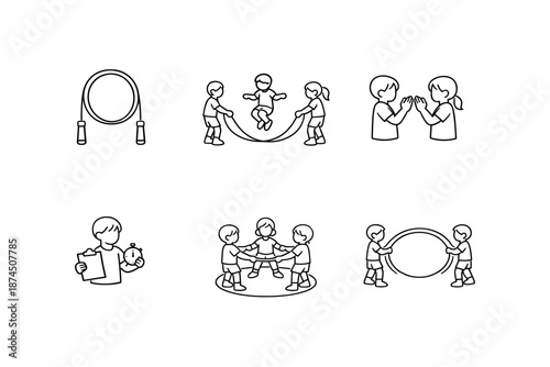 Line art kids playing with jump rope and hula hoop in various activities
