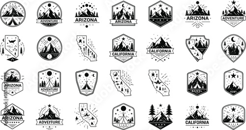Adventure mountain badge vector collection, Arizona and California outdoor emblems, vintage camping hiking logos, minimalist black white travel patches for branding projects