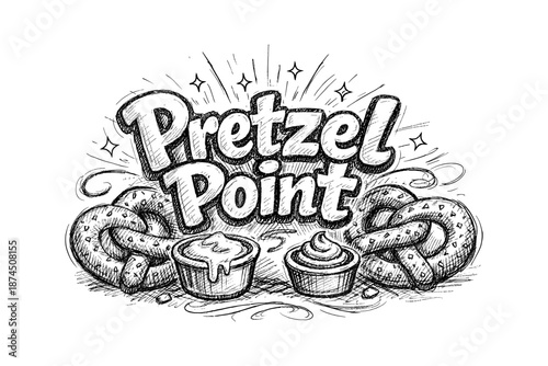 Hand drawn pretzel logo with dipping sauces and decorative elements