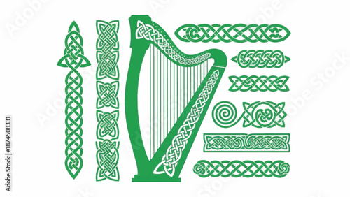 Intricate Celtic knotwork harp illustration surrounded by ornate patterns and designs
