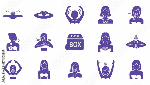 A collection of deep purple icons depicting various human emotions and actions displayed on a clean white background from a straightforward viewpoint