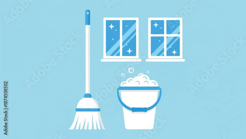 Cleaning illustration of a broom and bucket in front of a window with soap suds on a light blue background