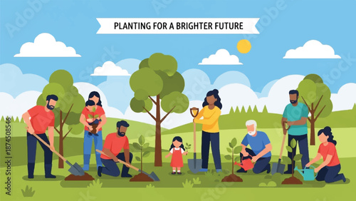 Group of people planting trees together in a green landscape on a sunny day from a distant viewpoint