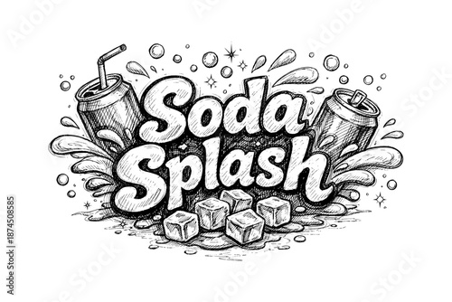 Retro beverage design with fizzy drink cans and ice cubes in vintage sketch style