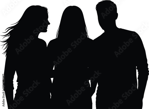 Black silhouettes of two young women and one man standing together, group of friends or team members portrait, vector illustration on white background.