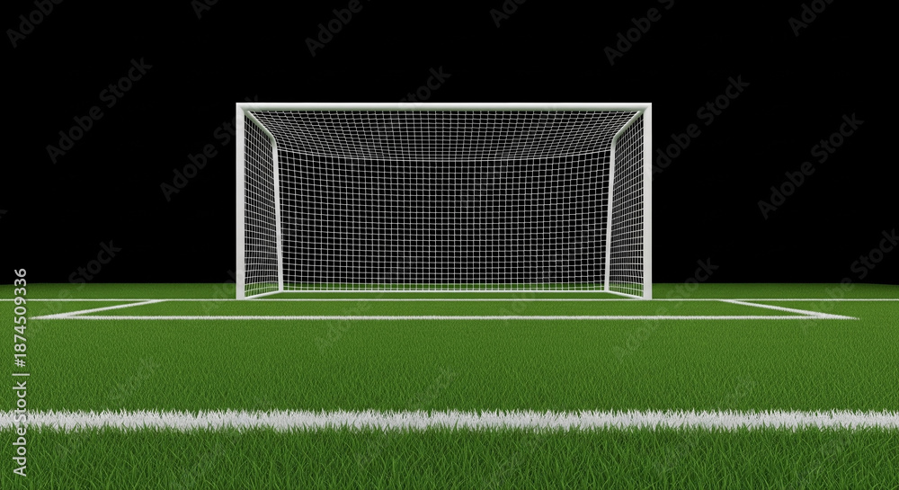 Fototapeta premium A soccer goal dominates the image, positioned centrally against a stark black backdrop