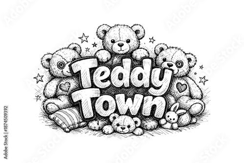 Adorable hand-drawn teddy bears with stars and toys in sketch style design