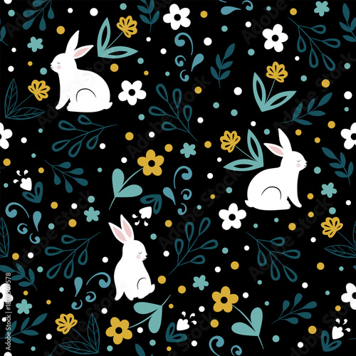 Simple seamless pattern with delicate flowers, leaves and nice bunny