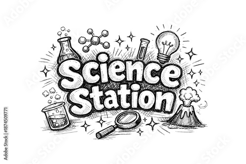 Hand drawn science elements with laboratory tools and exploding volcano sketch