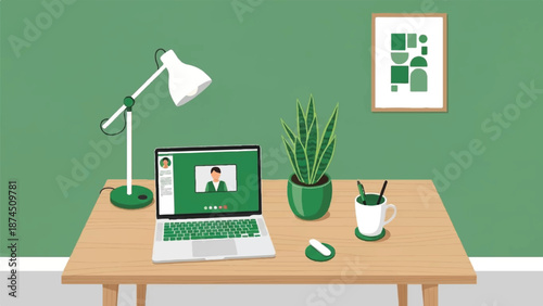 A laptop on a wooden desk displays a video call amidst office supplies and potted plants in a serene green-toned workspace viewed from the front