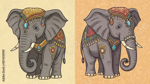 Two decorated elephants standing side by side against different colored backgrounds viewed from the front