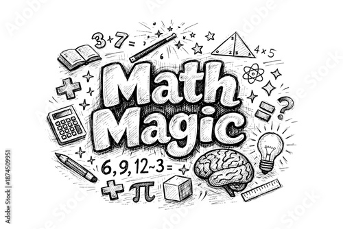 Playful math doodle with equations and symbols in sketch style