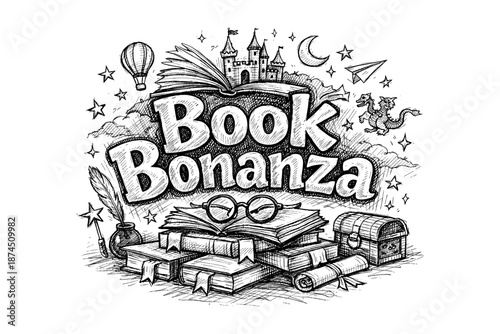 Book bonanza: whimsical sketch of adventure and fantasy with books and magical elements