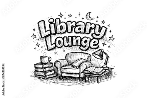 Cozy library lounge with armchair, books, and coffee in sketch style
