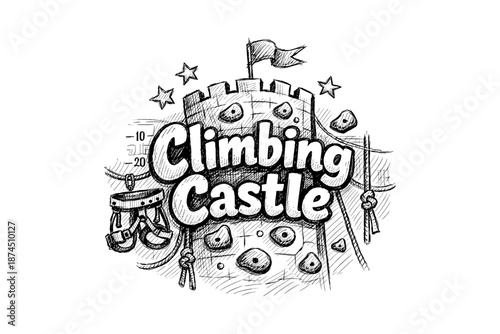 Sketch of a climbing castle adventure with rope and harness elements
