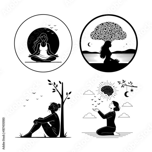 Mindfulness Imagination Scenes with Window Tea and Night Sky - Black and White Line Art Illustration Set