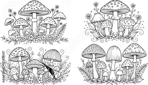 Hand drawn mushroom illustration vector set, whimsical forest fungi line art with flowers and leaves, black white botanical designs for coloring, prints, packaging, and crafts