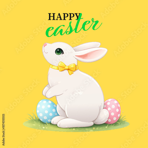 Cute Easter Bunny Illustration with Eggs on Yellow Background