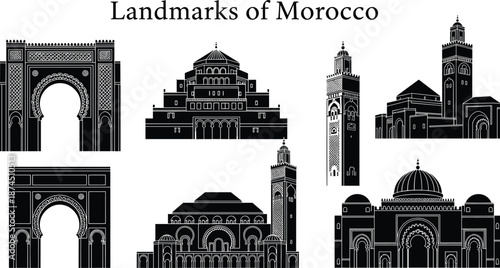 Landmarks of Morocco vector illustration, iconic Islamic architecture silhouettes, famous mosques and minarets, cultural heritage skyline design for travel tourism branding