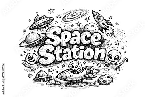 Whimsical space adventure doodle with aliens and rockets in black and white