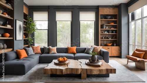 Elegant Modern Living Room with Earthy Color Palette. Modern Home Living Room with Natural Materials.
