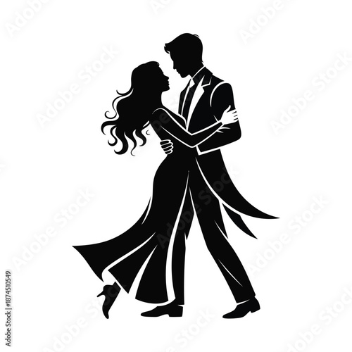 A romantic silhouette of a couple intimately embracing while gracefully dancing together in formal attire