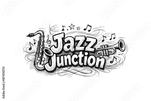 Dynamic hand-drawn jazz music design with saxophone and trumpet elements