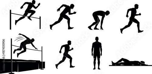 Black Silhouettes of Athletes Performing Track and Field Activities Including Sprinting Starting Blocks Hurdling High Jump and Resting After Exercise