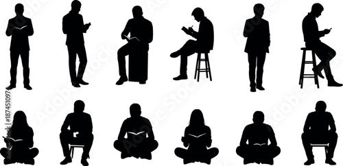 Collection of male and female silhouettes reading books and using digital tablets in various sitting and standing poses for education.