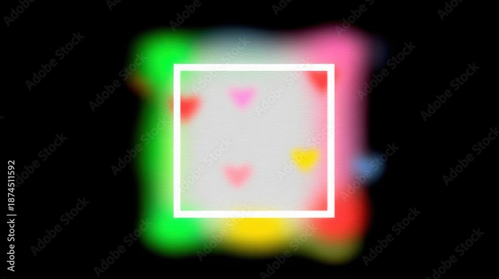 Fototapeta premium A colorful, blurred background features heart shapes inside a white frame, creating a whimsical and romantic atmosphere.