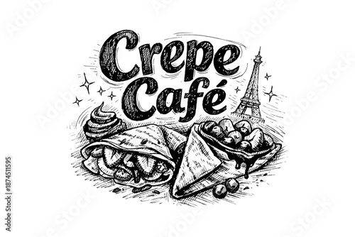 Hand drawn crepe café design with eiffel tower and sweet treats