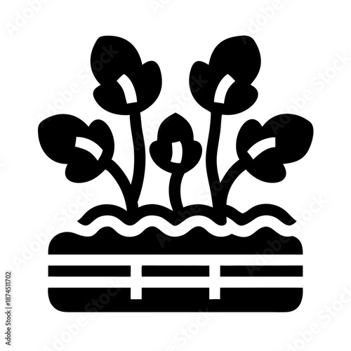 Watercress sprouts growing in soil, simple black and white vector illustration, healthy food concept