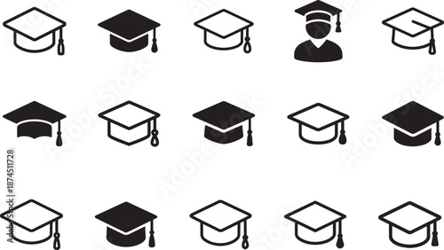 Minimalist line art graduation cap icon set in vector style for education, school, university, and UI design.