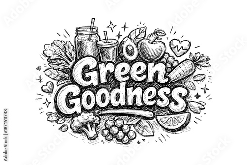 Hand drawn healthy juice composition with fruits and vegetables