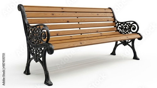 Classic park bench with wooden slats and ornate black cast iron frame isolated on white background