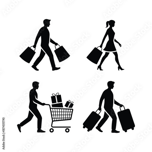 Silhouettes of people carrying shopping bags gifts and luggage illustrating retail and travel themes